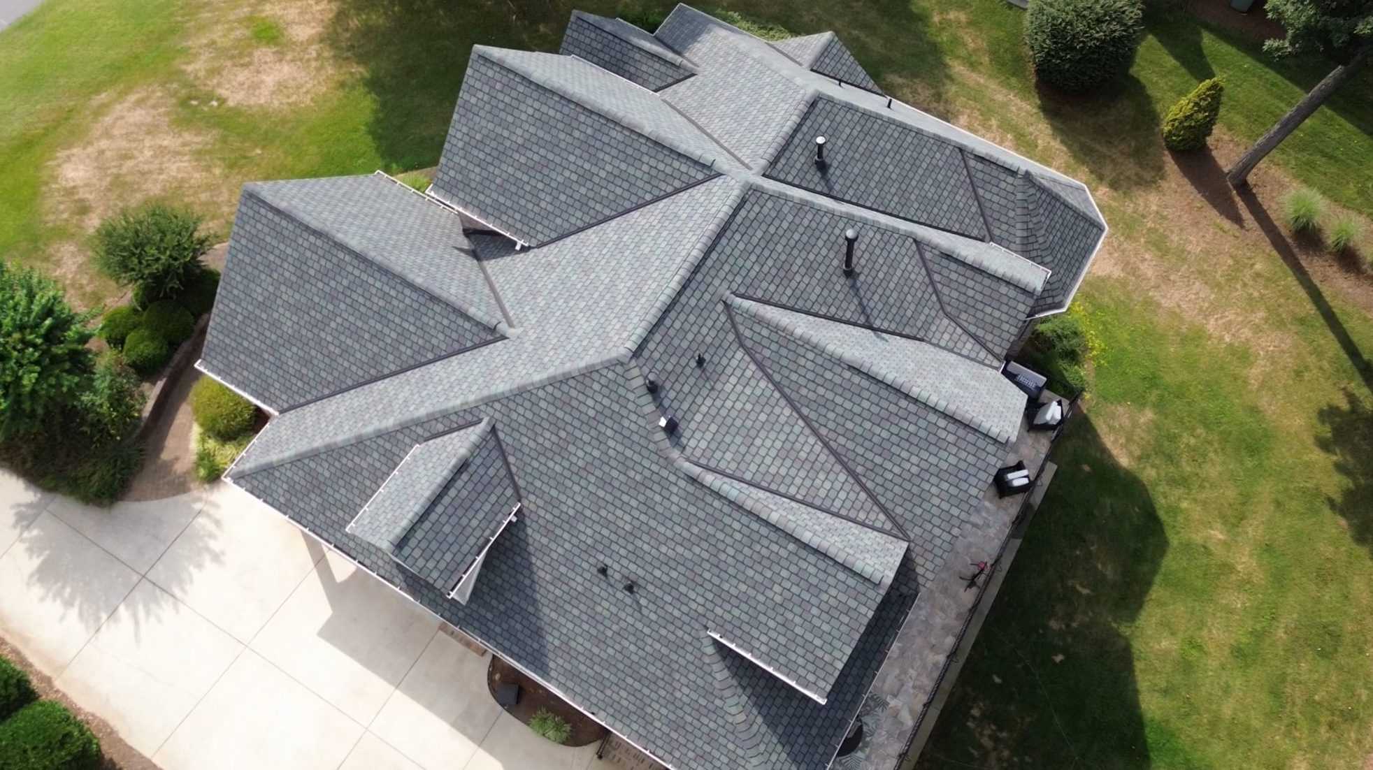 Drone view of a roof in CertainTeed Highland Slate, Fieldstone Gray.